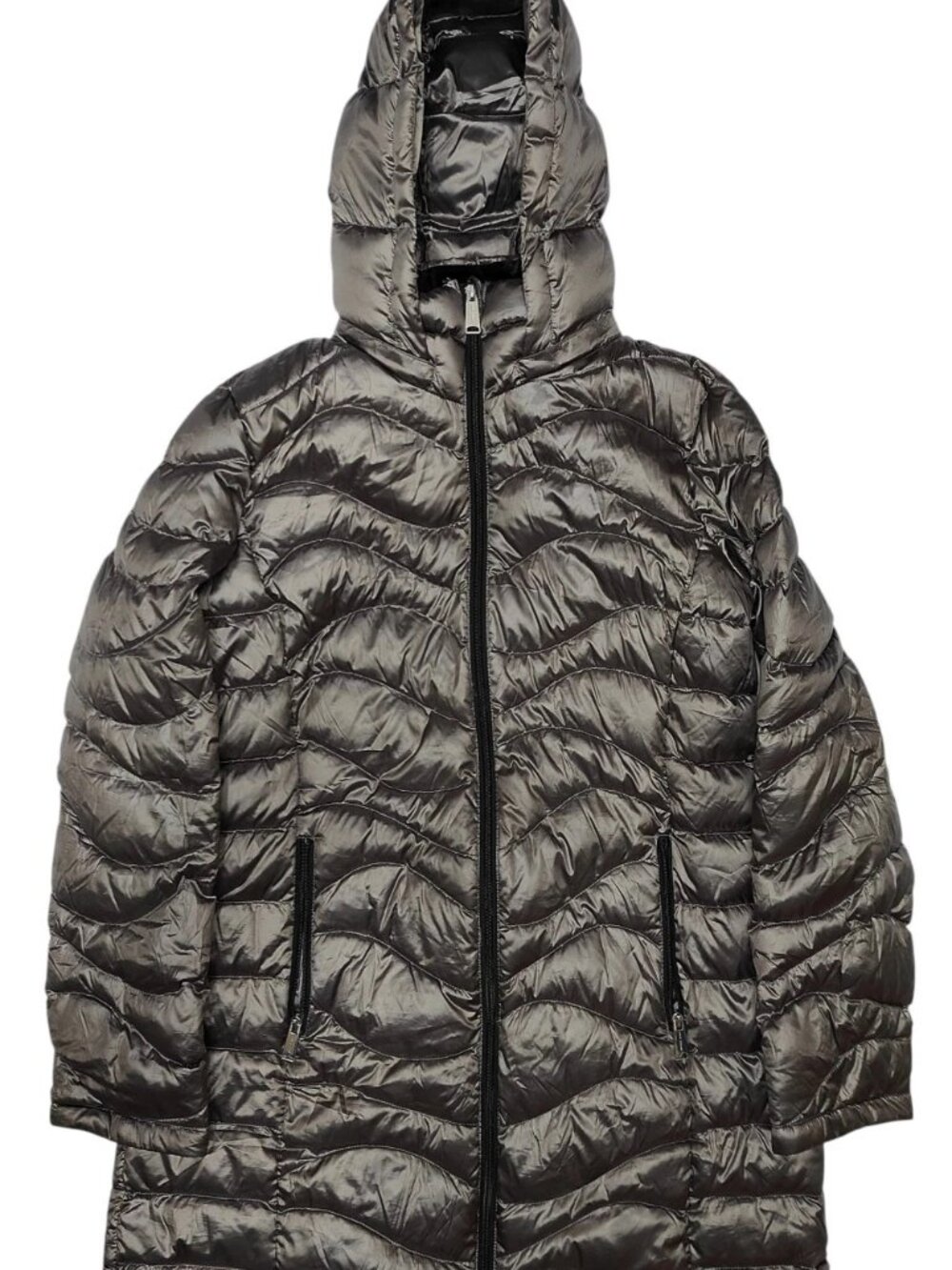 Andrew Marc Womens L Silver Gray Hooded Long Packable Down Puffer Jacket
